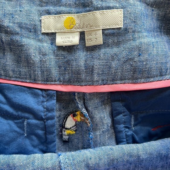 Boden 100% Linen Hornsea Linen Shorts Chambray with Toucans Womens Size 2 Blue - Picture 8 of 9